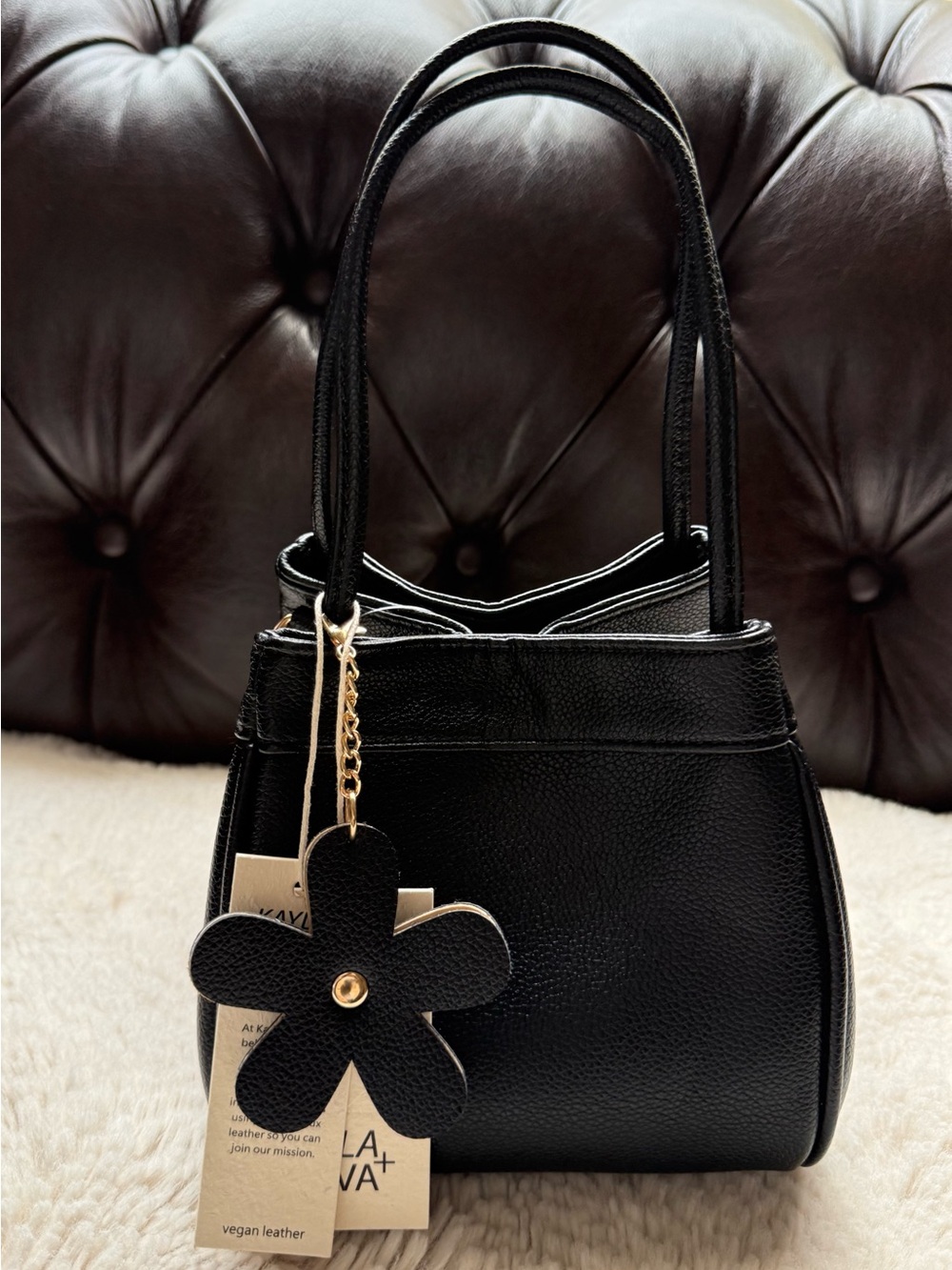 Kayla Ava NWT Black Vegan Leather Pouch Bag Purse w/ Flower Charm Tote